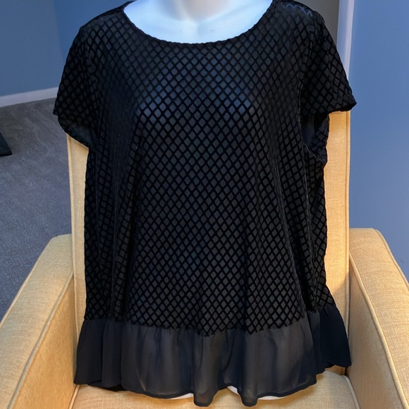 Adrianna Papell Tops - Adrianna Papell XL Burn Out Black Velvet Sheer Ruffle Hem Whimsigoth Blouse Top